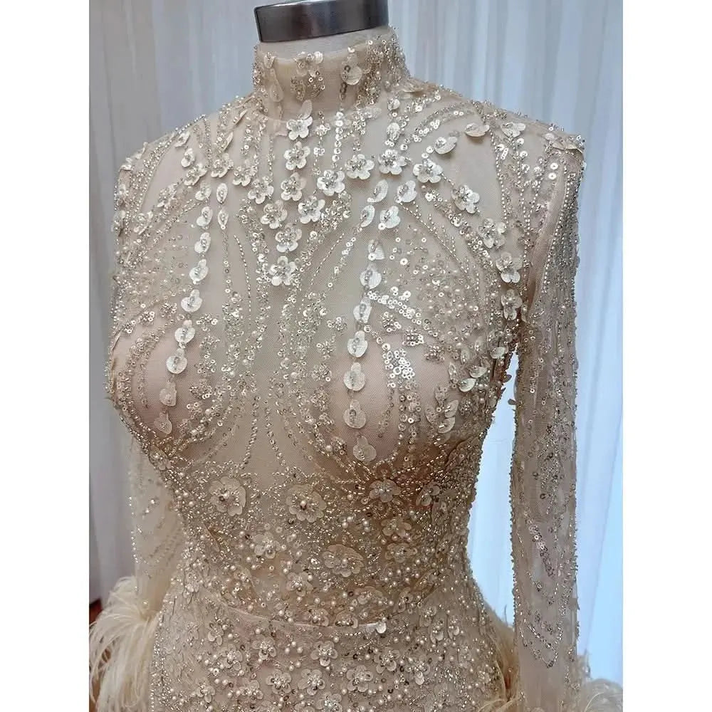 Elegant Lace Feather Muslim Evening Dress for Women Detachable Skirt 2025 Long Sleeves Formal Prom Wedding Party Gown Customized S174592f54d9c4f288213b7ba080b4bd80 Empire Rose