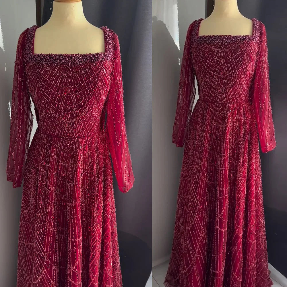 Pearl Beaded Lace A-Line Evening Dress | Square Neck Court Train