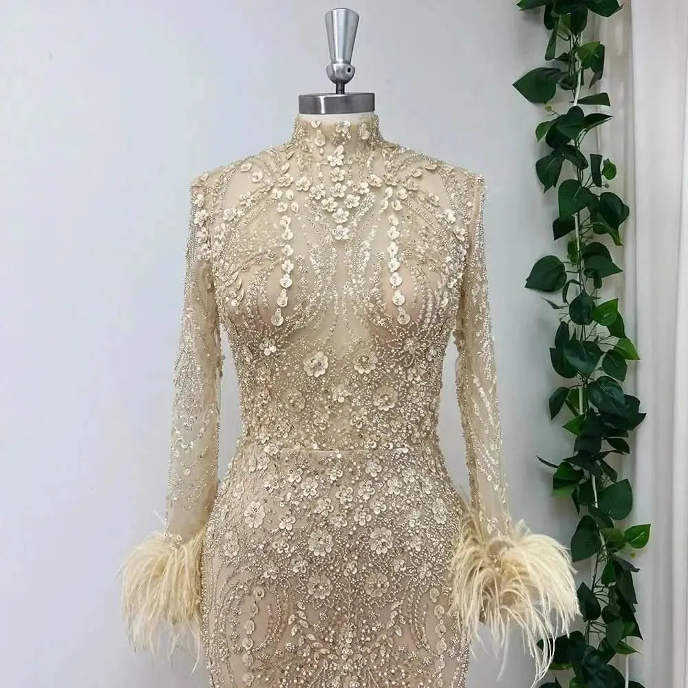 Elegant Lace Feather Muslim Evening Dress for Women Detachable Skirt 2025 Long Sleeves Formal Prom Wedding Party Gown Customized S3af4546a446a4b09a28ac74c52b6f2fcT Empire Rose