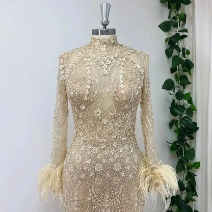 Elegant Lace Feather Muslim Evening Dress for Women Detachable Skirt 2025 Long Sleeves Formal Prom Wedding Party Gown Customized S3af4546a446a4b09a28ac74c52b6f2fcT Empire Rose