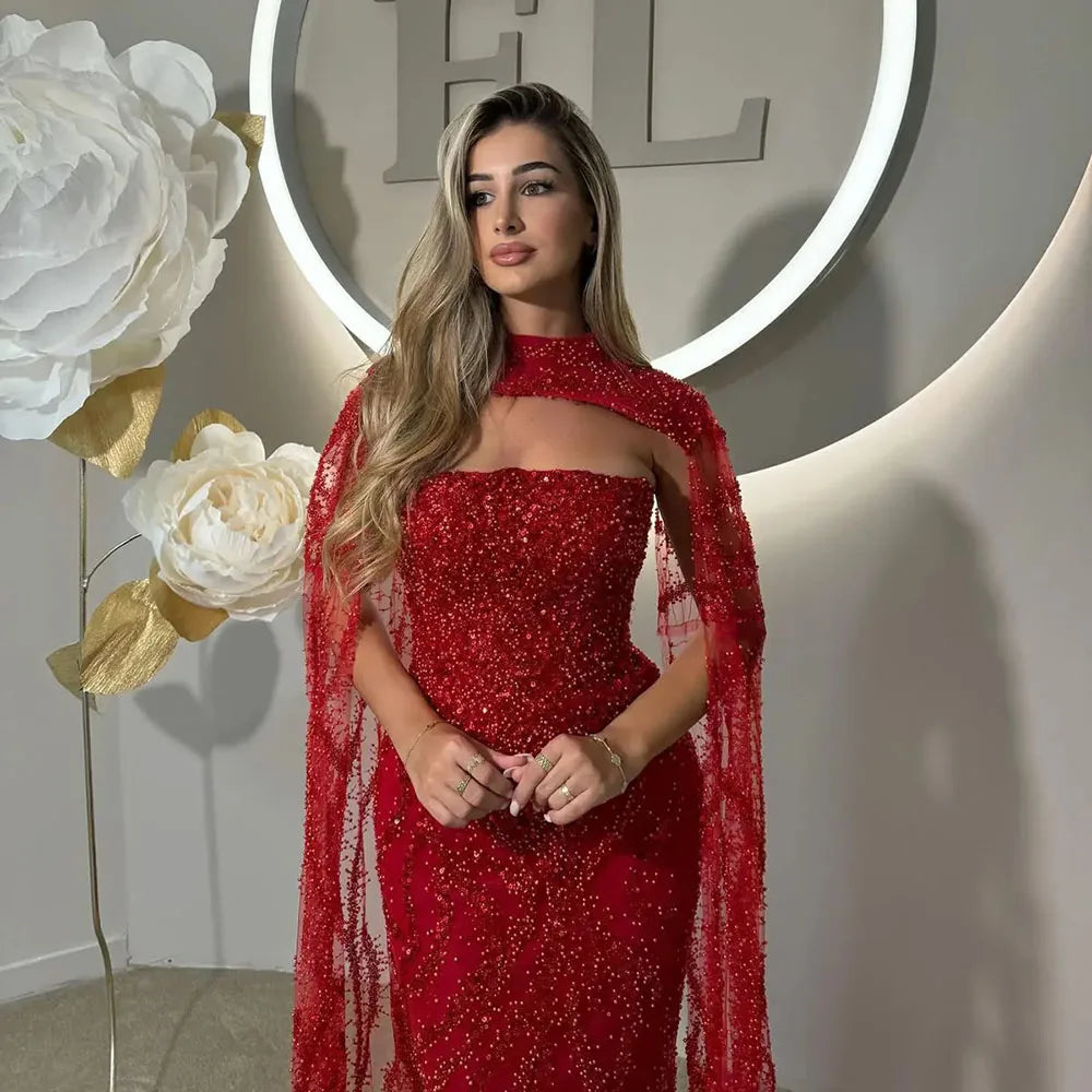 Crystal Beaded Lace A-Line Evening Dress | Strapless Sweep Train