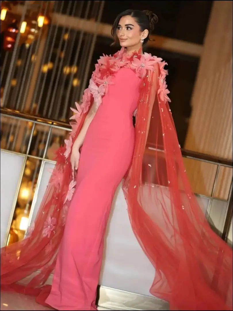 Fiore di Corallo | 3D Floral Mermaid Evening Dress Shawl Sleeve