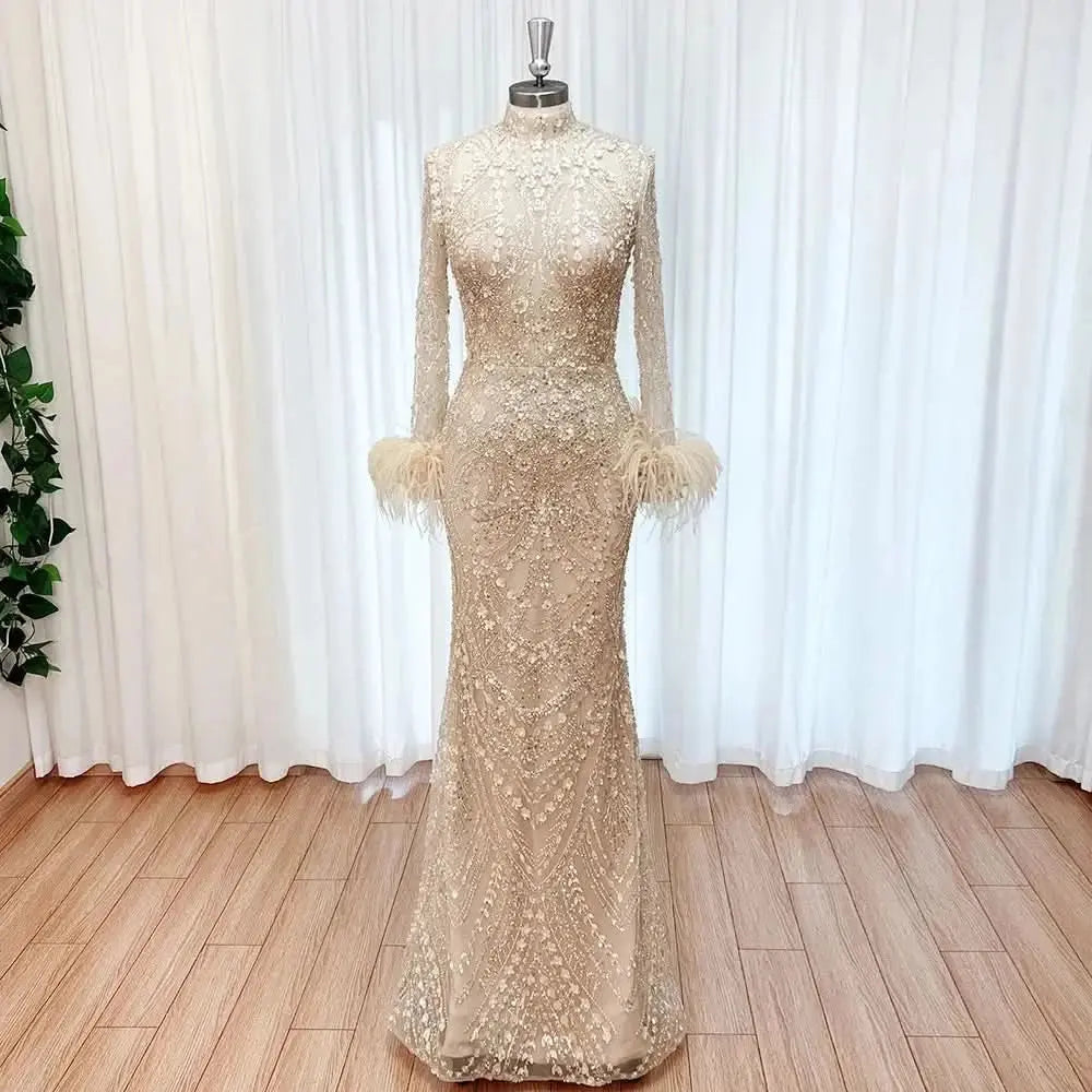 Elegant Lace Feather Muslim Evening Dress for Women Detachable Skirt 2025 Long Sleeves Formal Prom Wedding Party Gown Customized S6aa96592184b4e72a03a98ccd00c2265V Empire Rose