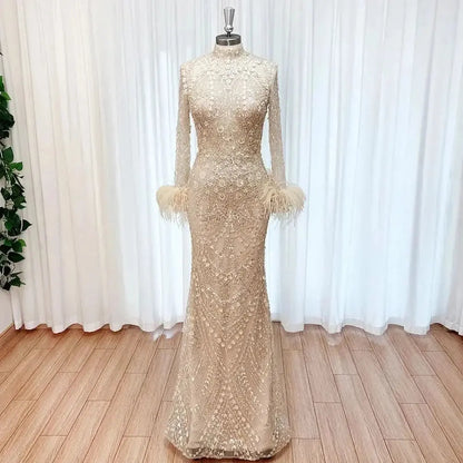 Elegant Lace Feather Muslim Evening Dress for Women Detachable Skirt 2025 Long Sleeves Formal Prom Wedding Party Gown Customized S6aa96592184b4e72a03a98ccd00c2265V Empire Rose