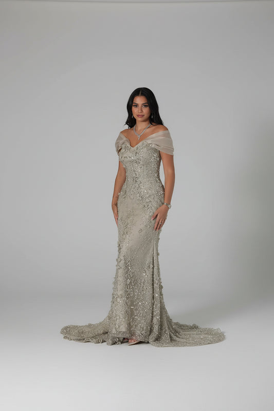 Crystal Beaded Mermaid Evening Dress | Off Shoulder Lace Court Train