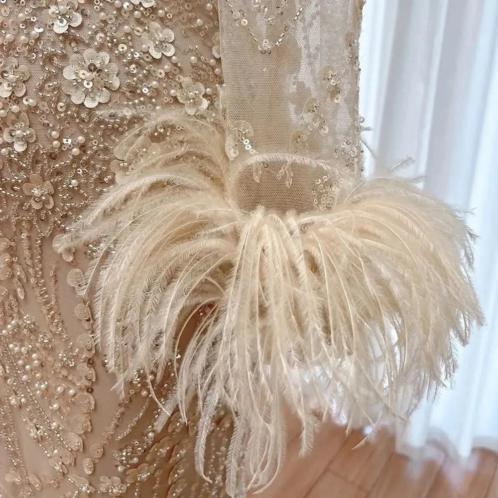Elegant Lace Feather Muslim Evening Dress for Women Detachable Skirt 2025 Long Sleeves Formal Prom Wedding Party Gown Customized S78c9e097b21847fb99a43e72dbf4d8273 Empire Rose
