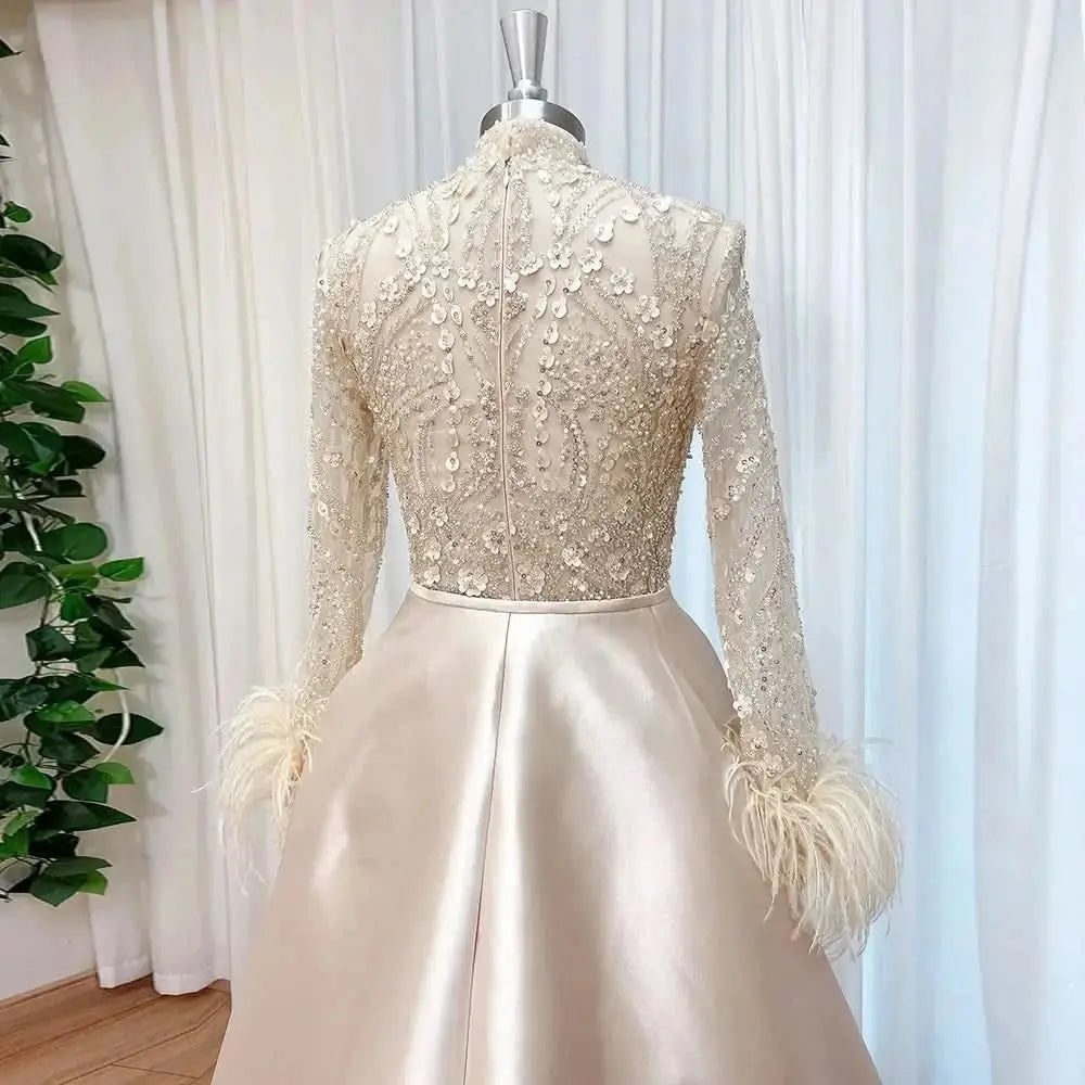 Elegant Lace Feather Muslim Evening Dress for Women Detachable Skirt 2025 Long Sleeves Formal Prom Wedding Party Gown Customized S7f7a03a7cf08432fadbfa22e19878a3c0 Empire Rose