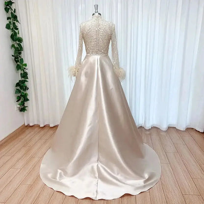 Elegant Lace Feather Muslim Evening Dress for Women Detachable Skirt 2025 Long Sleeves Formal Prom Wedding Party Gown Customized S89b6eef7d3a344bca57e608e3fff601f2 Empire Rose