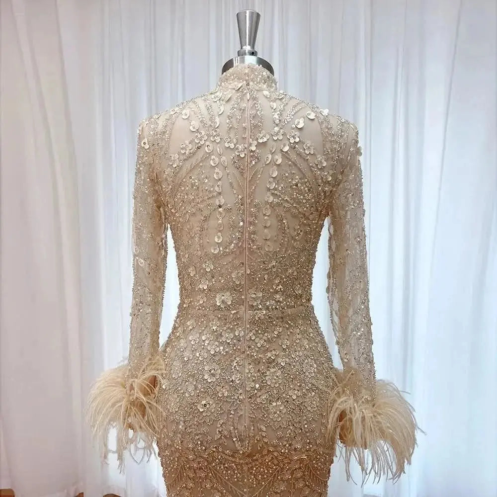 Elegant Lace Feather Muslim Evening Dress for Women Detachable Skirt 2025 Long Sleeves Formal Prom Wedding Party Gown Customized S8d4c0c9eeb494011ac7da926623392del Empire Rose