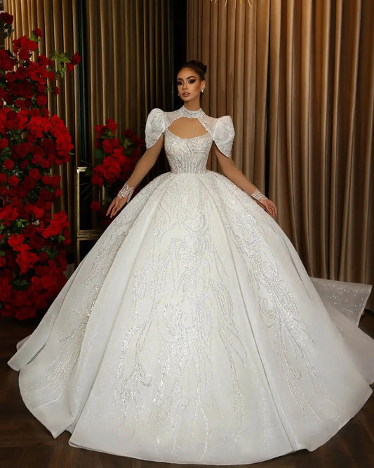 Beaded Ball Gown Wedding Dress | High Collar Sequined Bridal Gown