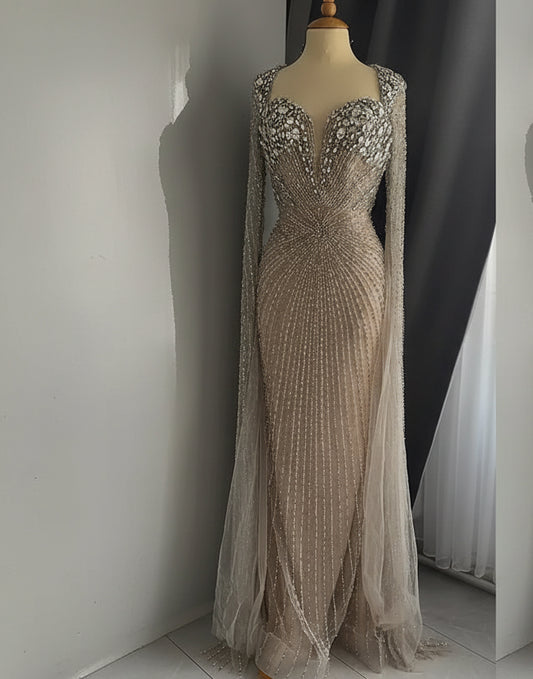 Beaded Tulle Mermaid Evening Dress | Sweetheart Cap Sleeve Court Train