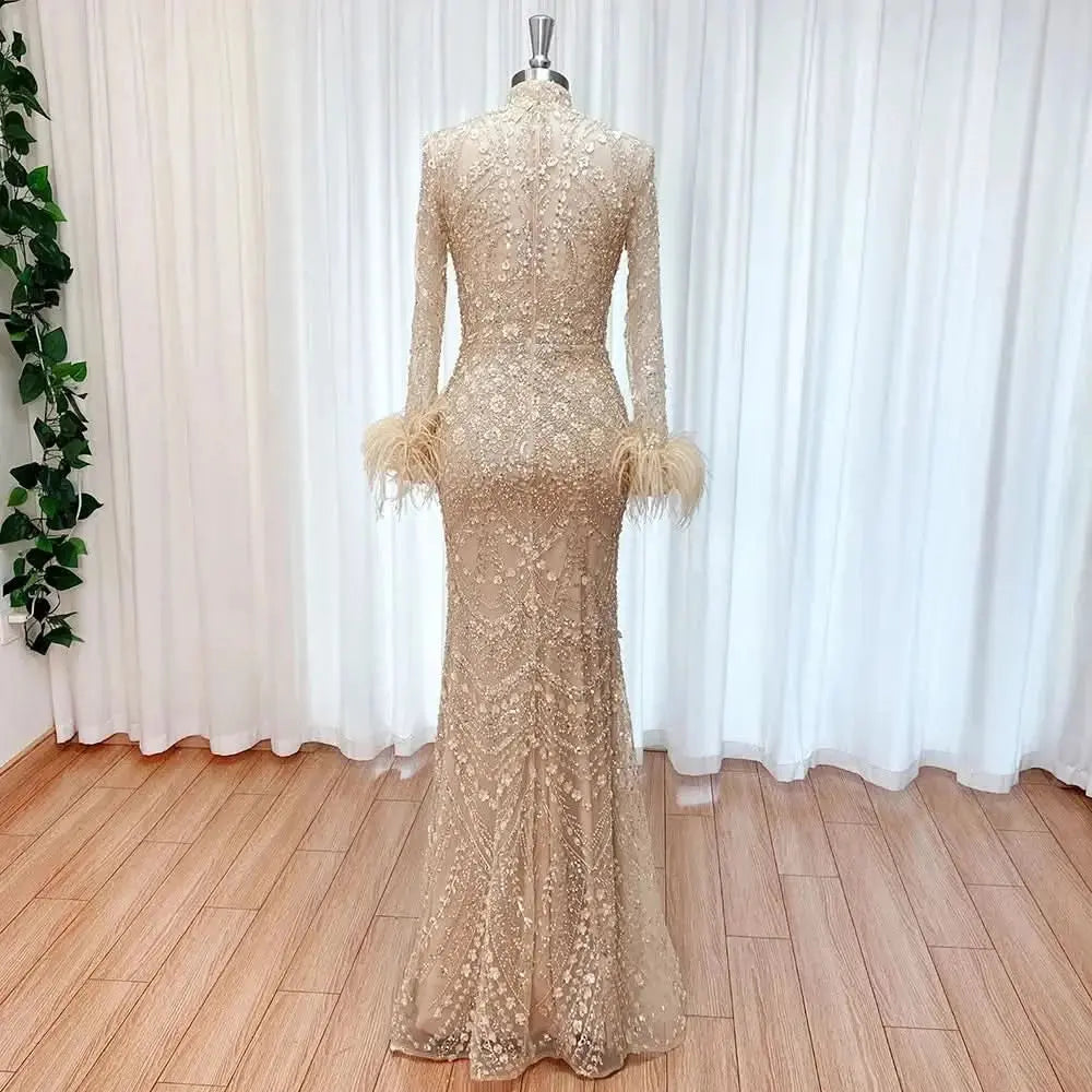 Elegant Lace Feather Muslim Evening Dress for Women Detachable Skirt 2025 Long Sleeves Formal Prom Wedding Party Gown Customized Sa4811bafec9e47619a52d44c6207bda8D Empire Rose