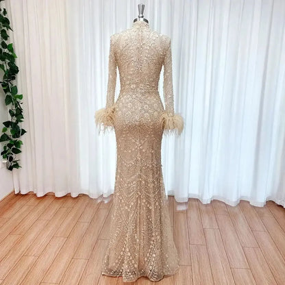 Elegant Lace Feather Muslim Evening Dress for Women Detachable Skirt 2025 Long Sleeves Formal Prom Wedding Party Gown Customized Sa4811bafec9e47619a52d44c6207bda8D Empire Rose