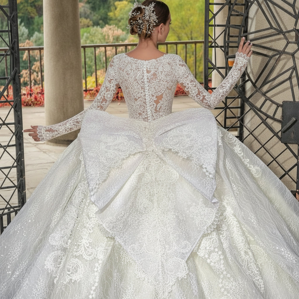 Woman in a white lace wedding dress with a scenic background