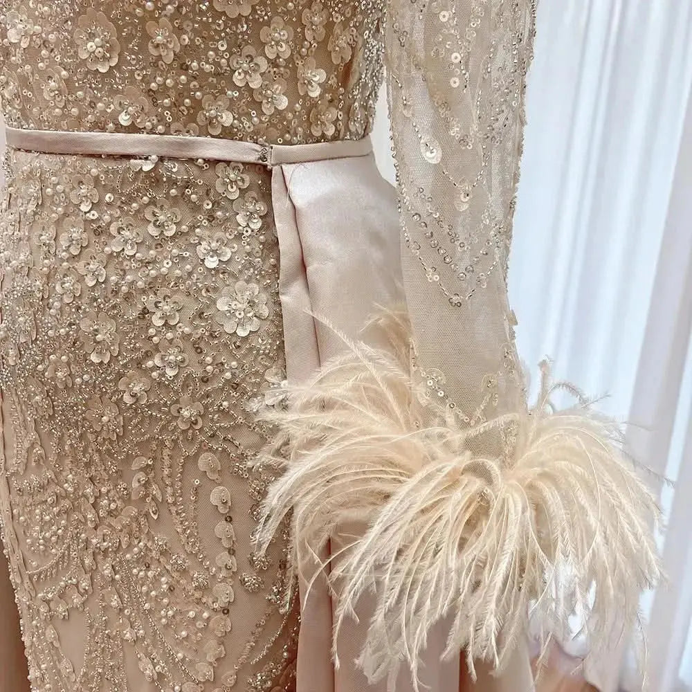 Elegant Lace Feather Muslim Evening Dress for Women Detachable Skirt 2025 Long Sleeves Formal Prom Wedding Party Gown Customized Sbf4f34bb5ec0416f9149243f07141b2b8 Empire Rose