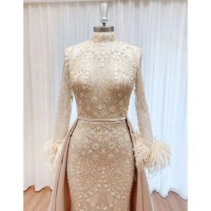 Elegant Lace Feather Muslim Evening Dress for Women Detachable Skirt 2025 Long Sleeves Formal Prom Wedding Party Gown Customized Sc22a056423514c45a9e7642487c53bfcR Empire Rose