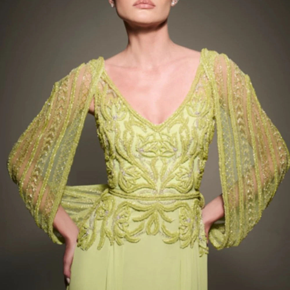 Verde Primavera | Embroidered A-Line Evening Dress Blouson Sleeve