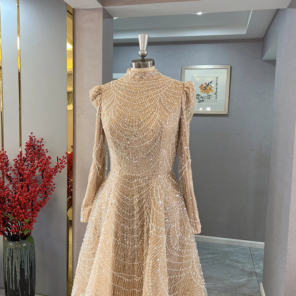 Pearl Beaded Lace Ball Gown Evening Dress | High Neck Ankle Length