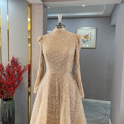 Pearl Beaded Lace Ball Gown Evening Dress | High Neck Ankle Length