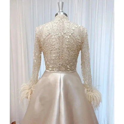 Elegant Lace Feather Muslim Evening Dress for Women Detachable Skirt 2025 Long Sleeves Formal Prom Wedding Party Gown Customized Sd579bd540b184d2794dc214d3fe831ecu Empire Rose