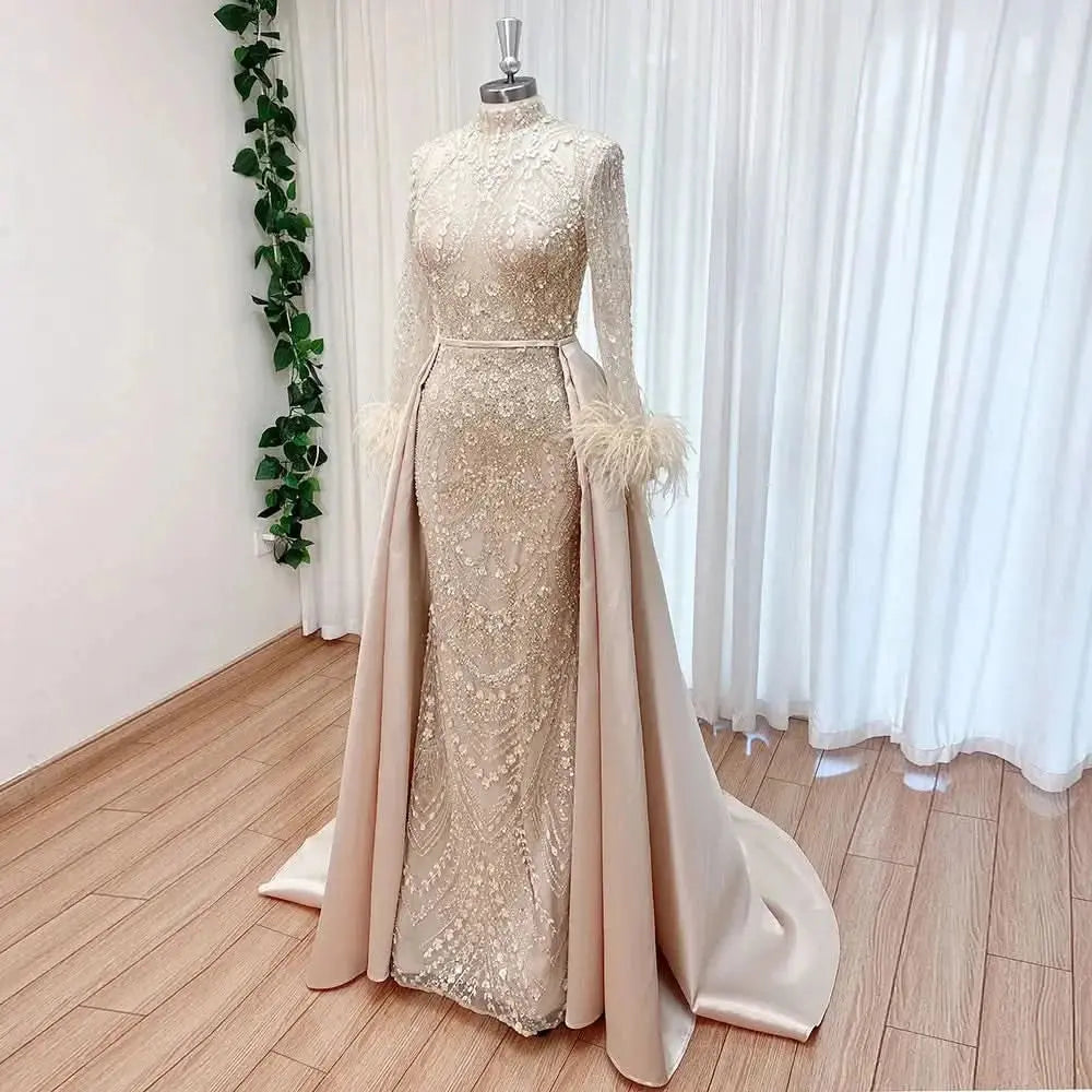 Elegant Lace Feather Muslim Evening Dress for Women Detachable Skirt 2025 Long Sleeves Formal Prom Wedding Party Gown Customized Se399b2285ae1485cbf5360e9414c606dO Empire Rose