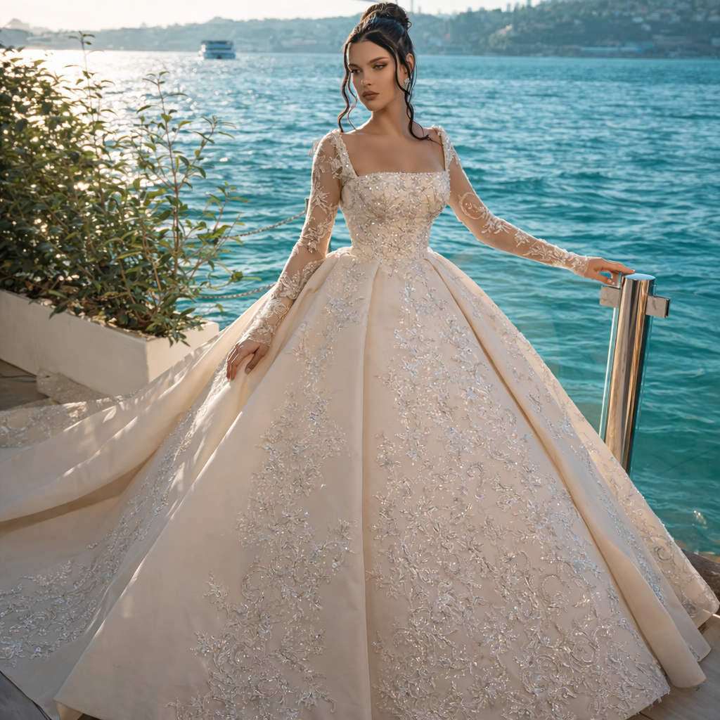 Woman in a beige wedding dress with long sleeves standing by a waterfront.