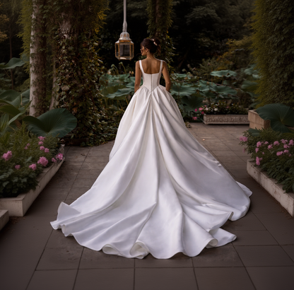 Woman in a white wedding dress standing outdoors with greenery in the background