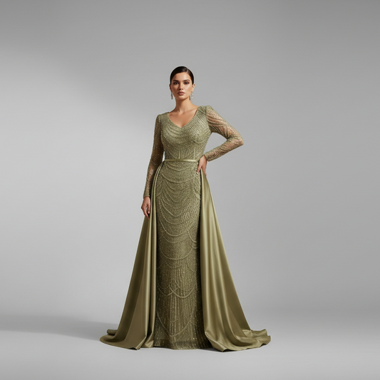 Woman wearing a green evening gown with long sleeves on a beige background