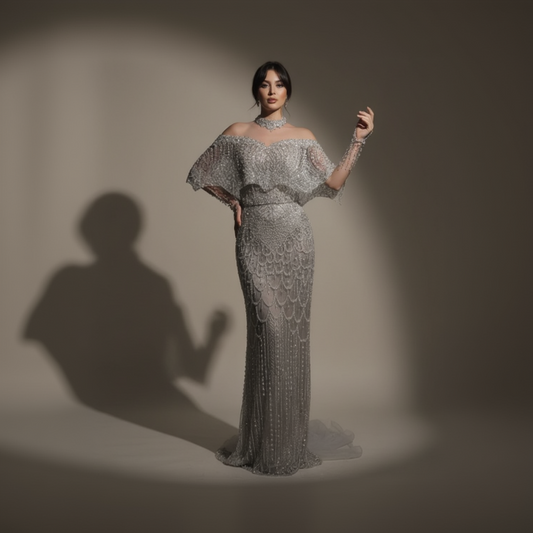 Woman wearing a sparkling silver evening gown against a neutral background