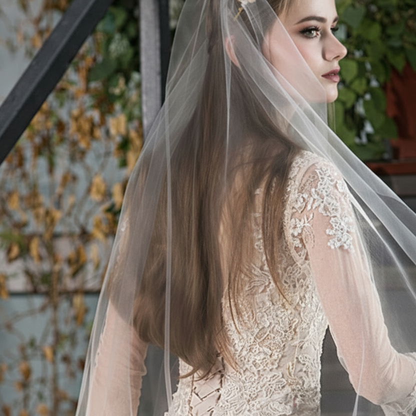 Woman wearing a wedding dress with a veil in an outdoor setting