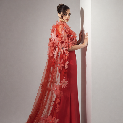 Fiore di Corallo | 3D Floral Mermaid Evening Dress Shawl Sleeve