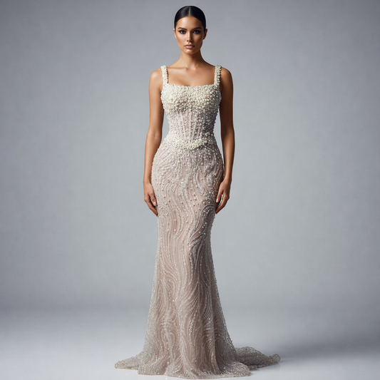 Pearl Beaded Lace Mermaid Evening Dress | Square Neck Court Train