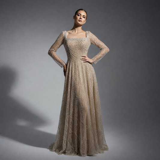 Pearl Beaded Lace A-Line Evening Dress | Square Neck Court Train