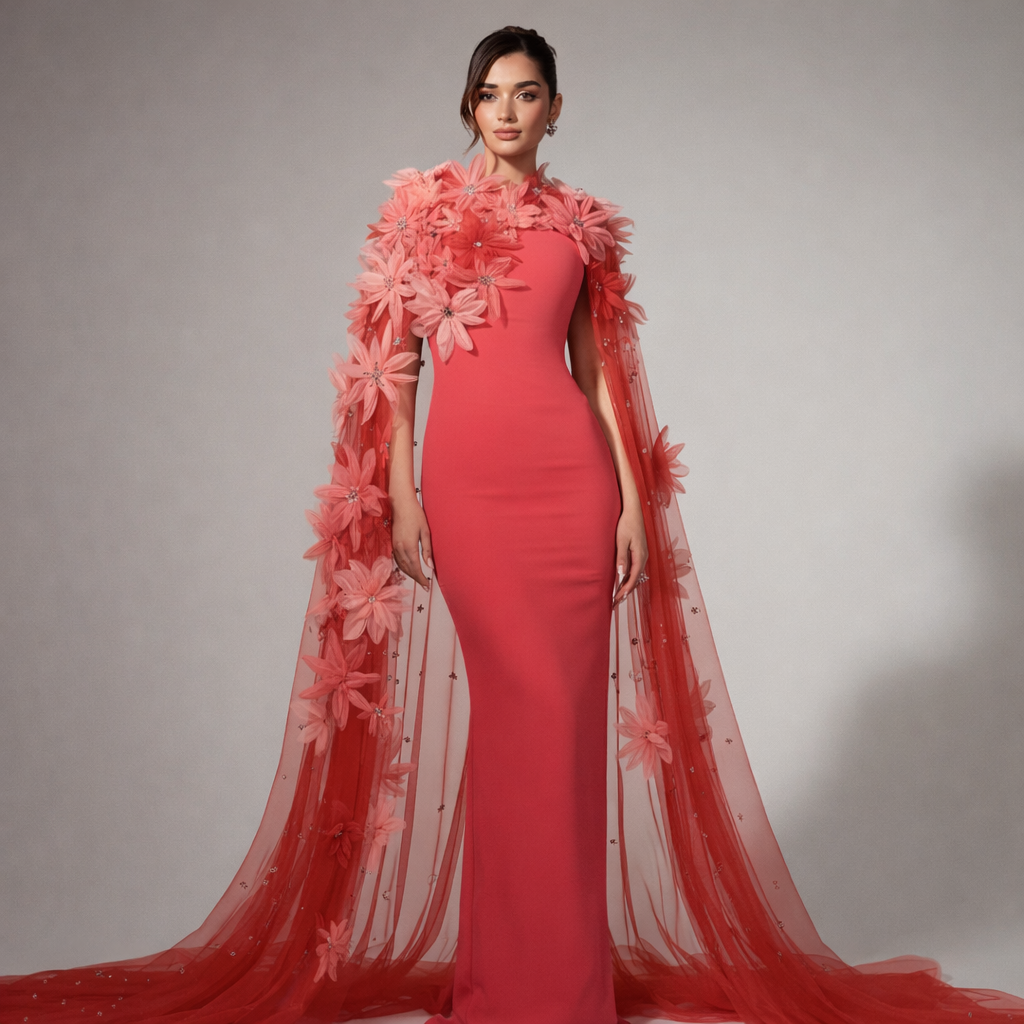 Fiore di Corallo | 3D Floral Mermaid Evening Dress Shawl Sleeve