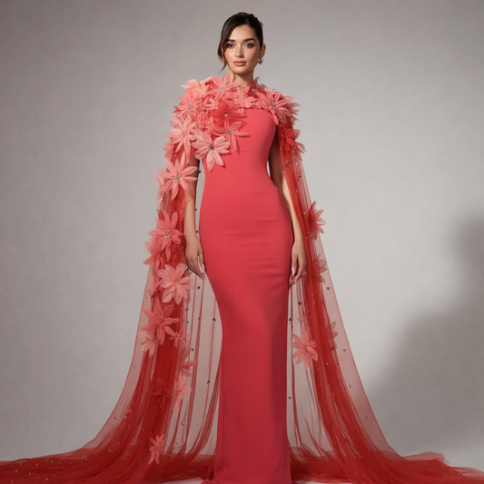 Fiore di Corallo | 3D Floral Mermaid Evening Dress Shawl Sleeve
