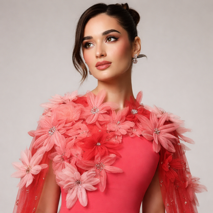 Fiore di Corallo | 3D Floral Mermaid Evening Dress Shawl Sleeve