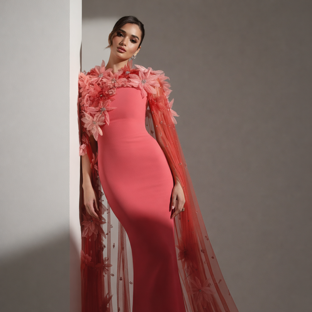 Fiore di Corallo | 3D Floral Mermaid Evening Dress Shawl Sleeve