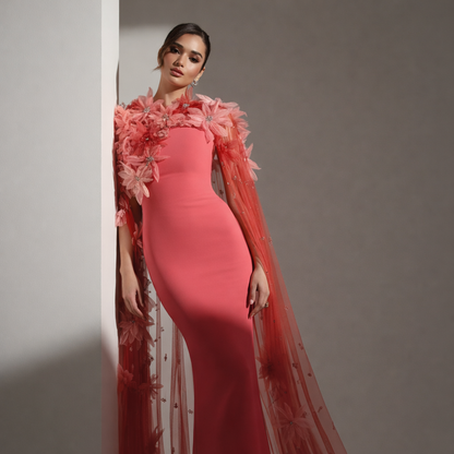 Fiore di Corallo | 3D Floral Mermaid Evening Dress Shawl Sleeve