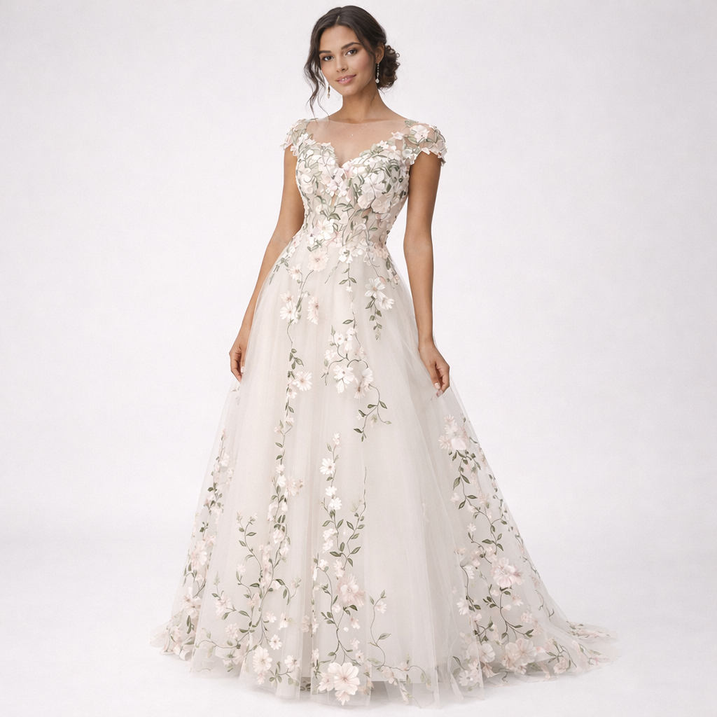 Woman wearing a floral wedding dress on a white background