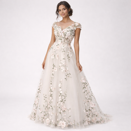 Woman wearing a floral wedding dress on a white background