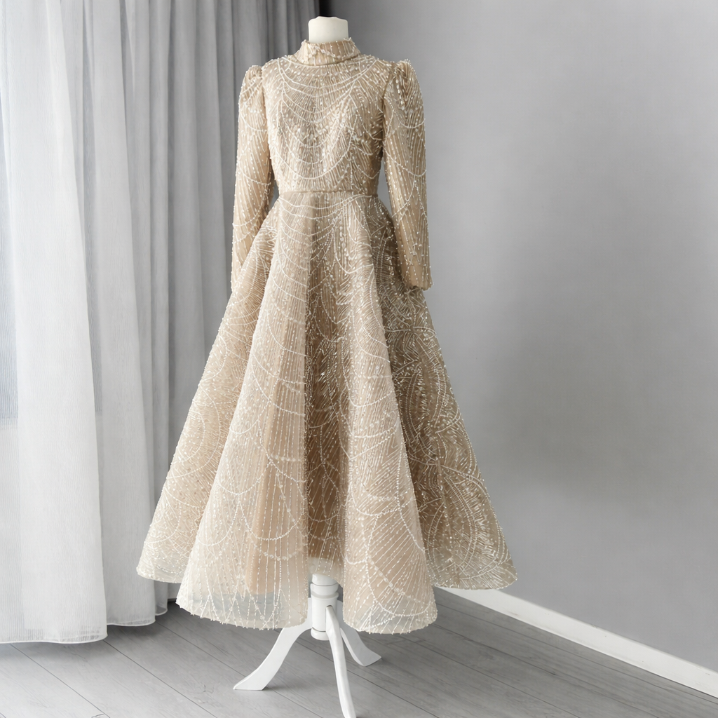 Pearl Beaded Lace Ball Gown Evening Dress | High Neck Ankle Length