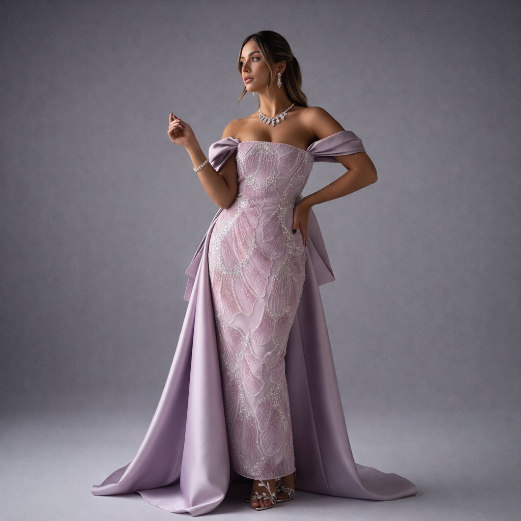 Lavanda Reale | Beaded Mermaid Evening Dress Overskirt Train