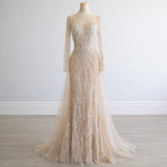 Pearl Beaded Tulle Mermaid Evening Dress | O-Neck Detachable Train