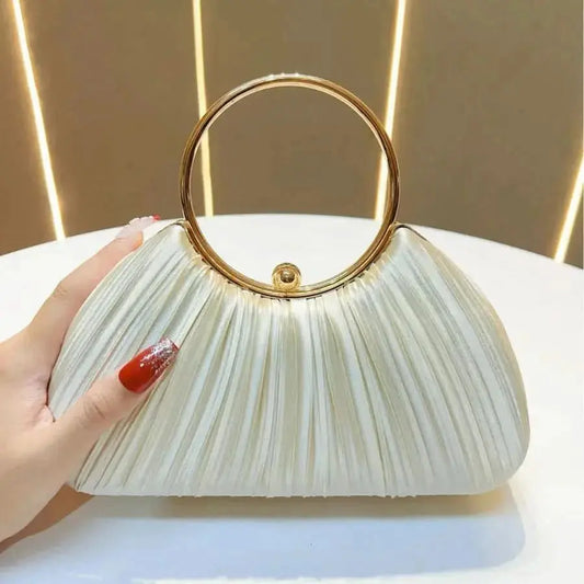 New Women's Handbag Pleated Evening Bag Party Dress Ball Gown Ring KTV Princess Socialite Bag Shell Shape Polyester Material WholesaleHQ
