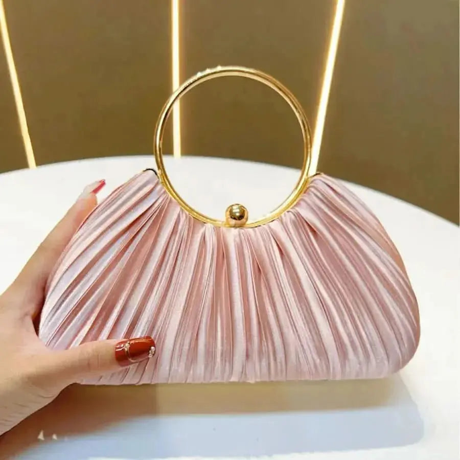 New Women's Handbag Pleated Evening Bag Party Dress Ball Gown Ring KTV Princess Socialite Bag Shell Shape Polyester Material WholesaleHQ