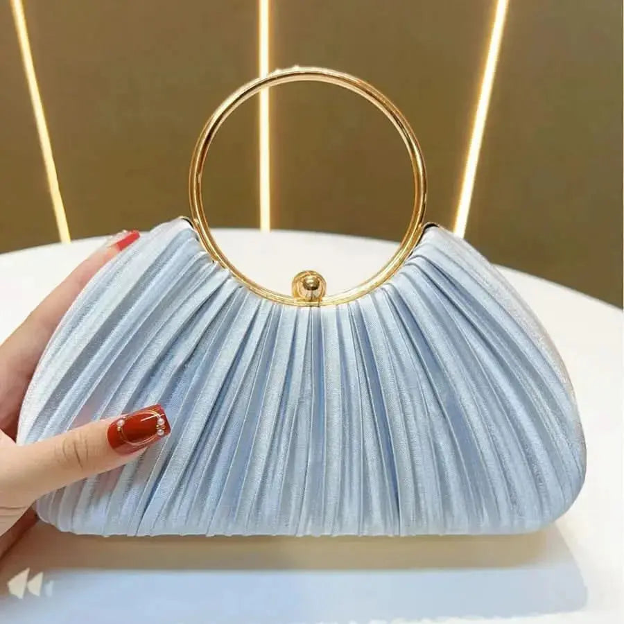 New Women's Handbag Pleated Evening Bag Party Dress Ball Gown Ring KTV Princess Socialite Bag Shell Shape Polyester Material WholesaleHQ