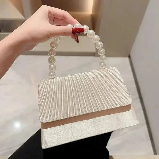 New satin evening bag pearl string handbag dress evening bag elegant pleated flap bag socialite small square bag - Empire Rose