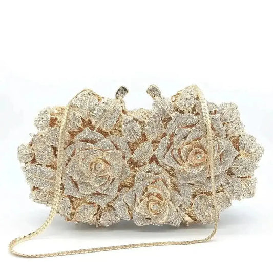 Gold Silver Rhinestone Metal Rose Diamond Asymmetrical Dress Evening Bags - Empire Rose
