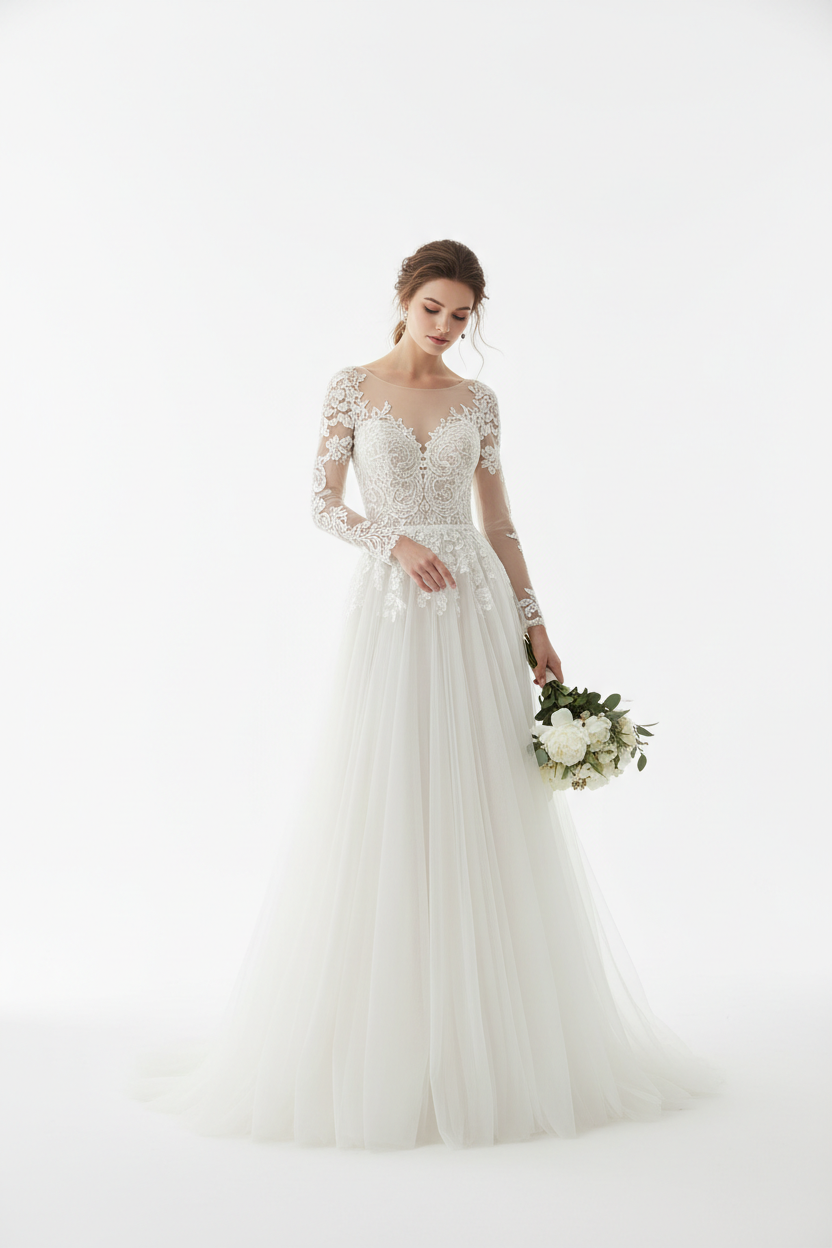 Romantic lace wedding dress with illusion sleeves