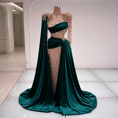 Crystal Tulle Mermaid Evening Dress | High Neck Full Sleeve Sweep Train